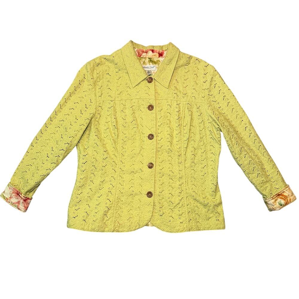 Coldwater Creek Women's Blazer PM Cotton Eyelet Embroidered Green